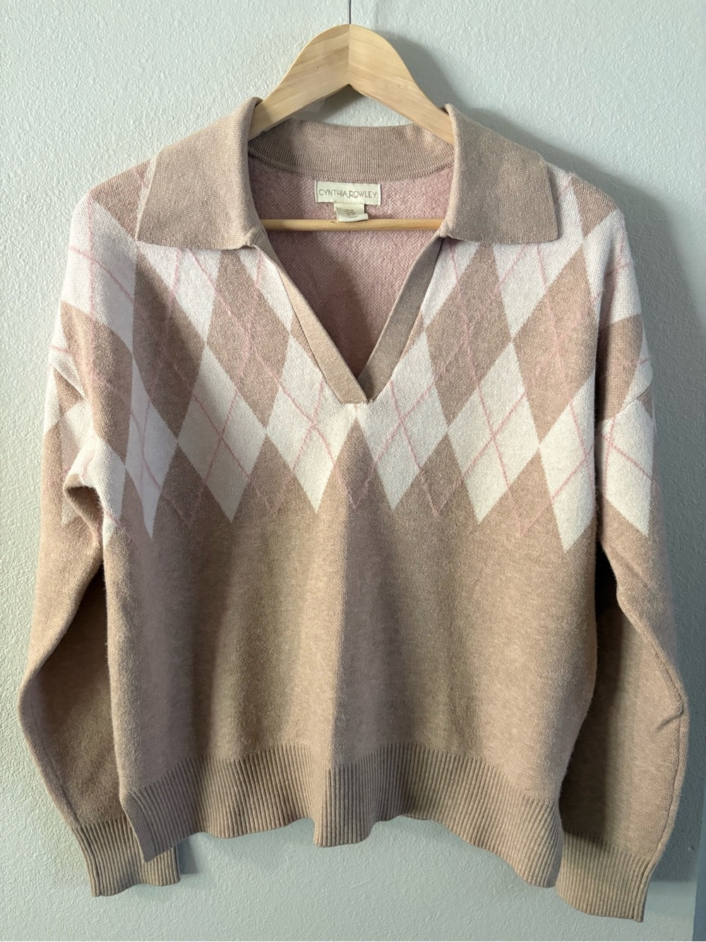Y2K Argyle V-Neck Collared Sweater Cynthia Rowley Blush Pink & White Medium